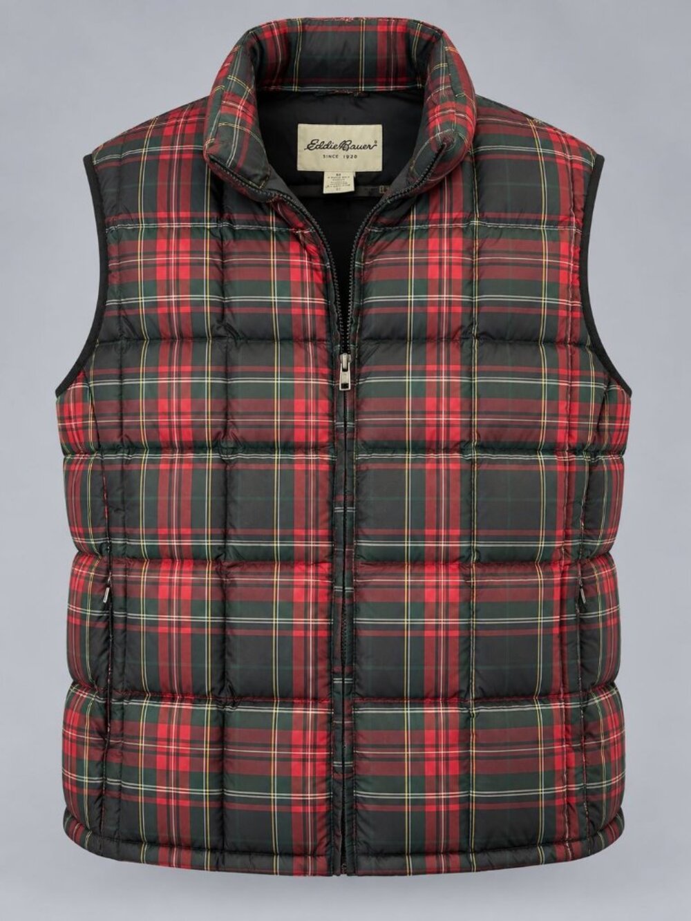Eddie Bauer Womens XL Puffer Vest Red Green Plaid Goose Down Zip Pockets Outdoor